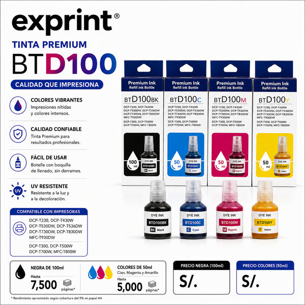 TINTA COMPATIBLE CON BROTHER BTD100 Negra x 100ml y colores x 50ml