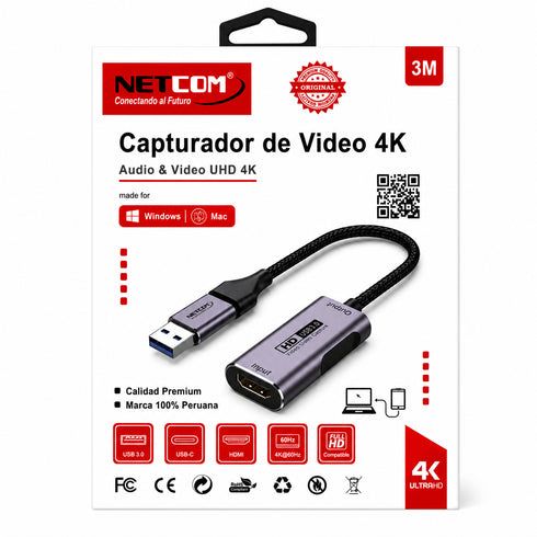 CAPTURADORA DE VIDEO USB 3.0 Y USB C A HDMI NETCOM