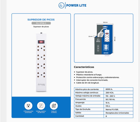 supresor de picos 8 tomas cable 18AWG POWER LITE cable de 3m.