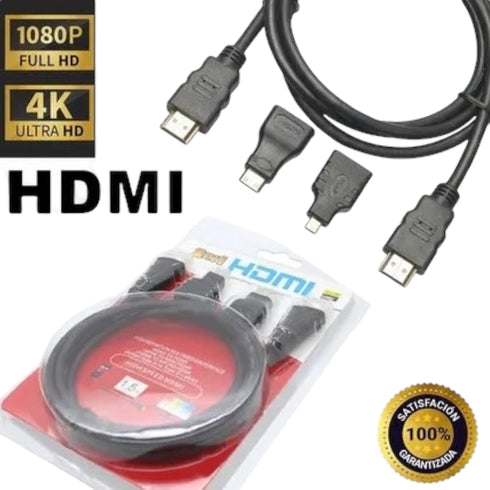 Cable Hdmi 3 En 1 Con Adaptador Mini Y Micro Hdmi 1.5 Metros