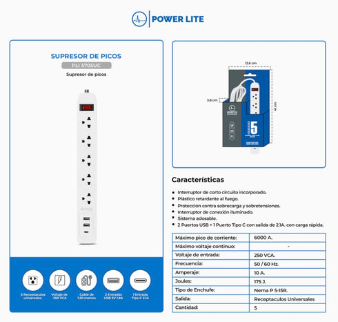 supresor de picos 5 tomas MAGNUN 5/1.20m 2USB 1USB C cable de 1.2m.