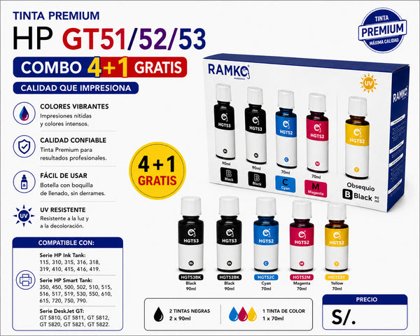 COMBO TINTA 4+1 COMPATIBLE PARA HPGT51/52/53