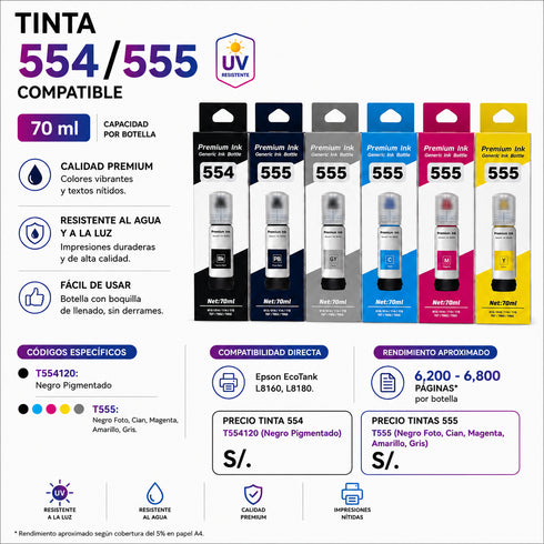 TINTA COMPATIBLE CON EPSON 554/555 6 COLORES