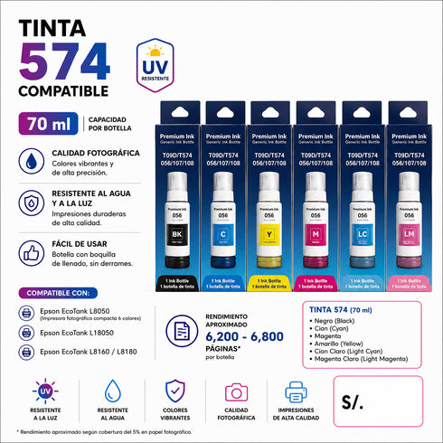 TINTA COMPATIBLE CON 574 6 COLORES B/C/M/Y/LC/LM